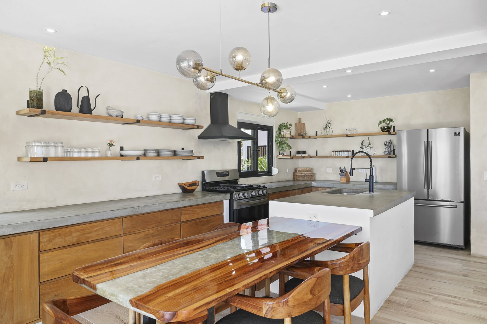 Kitchen and dining with live-edge table